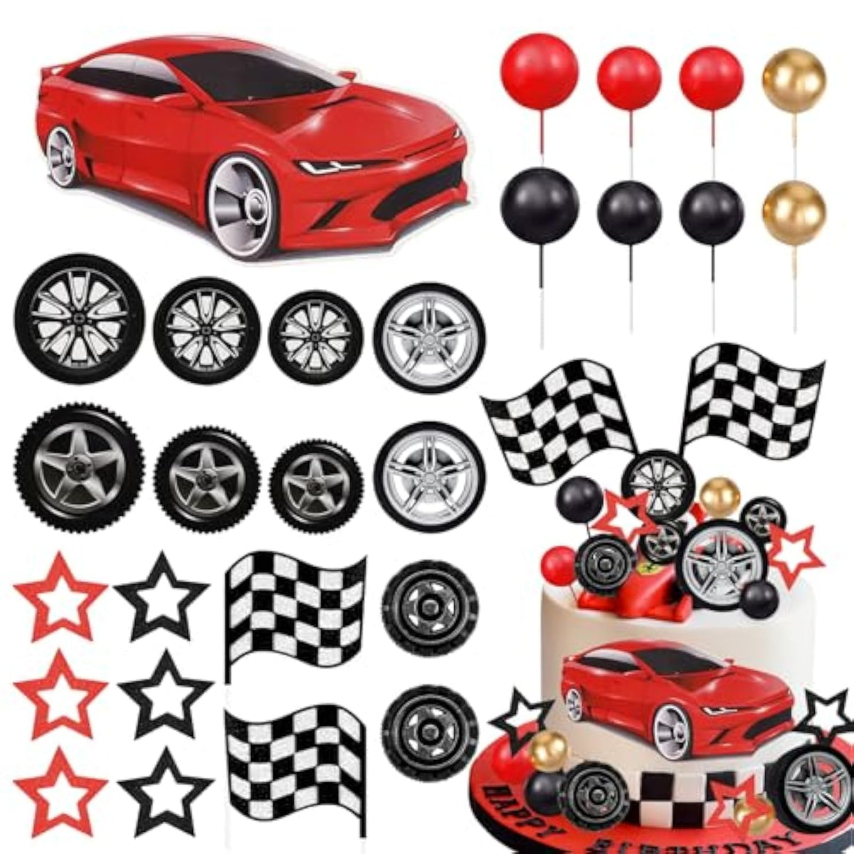 Racing Wheel Cake Topper 27Pcs Race Car Cake Toppers Tyre Cake Decorations Checkered Flag Car Cake Cupcake Decoration For Man Boy Kid Racing Car Theme Birthday Supplies