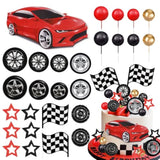 Racing Wheel Cake Topper 27Pcs Race Car Cake Toppers Tyre Cake Decorations Checkered Flag Car Cake Cupcake Decoration For Man Boy Kid Racing Car Theme Birthday Supplies