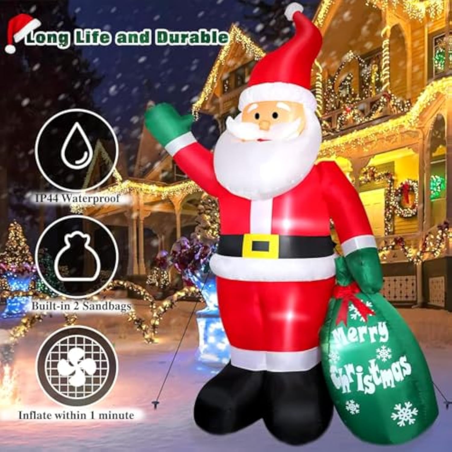 8 Ft Christmas Inflatable Santa Claus Outdoor Decors For Yard, Xmas Blow Up Santa Decoration With Gift Bag, Built-In Led