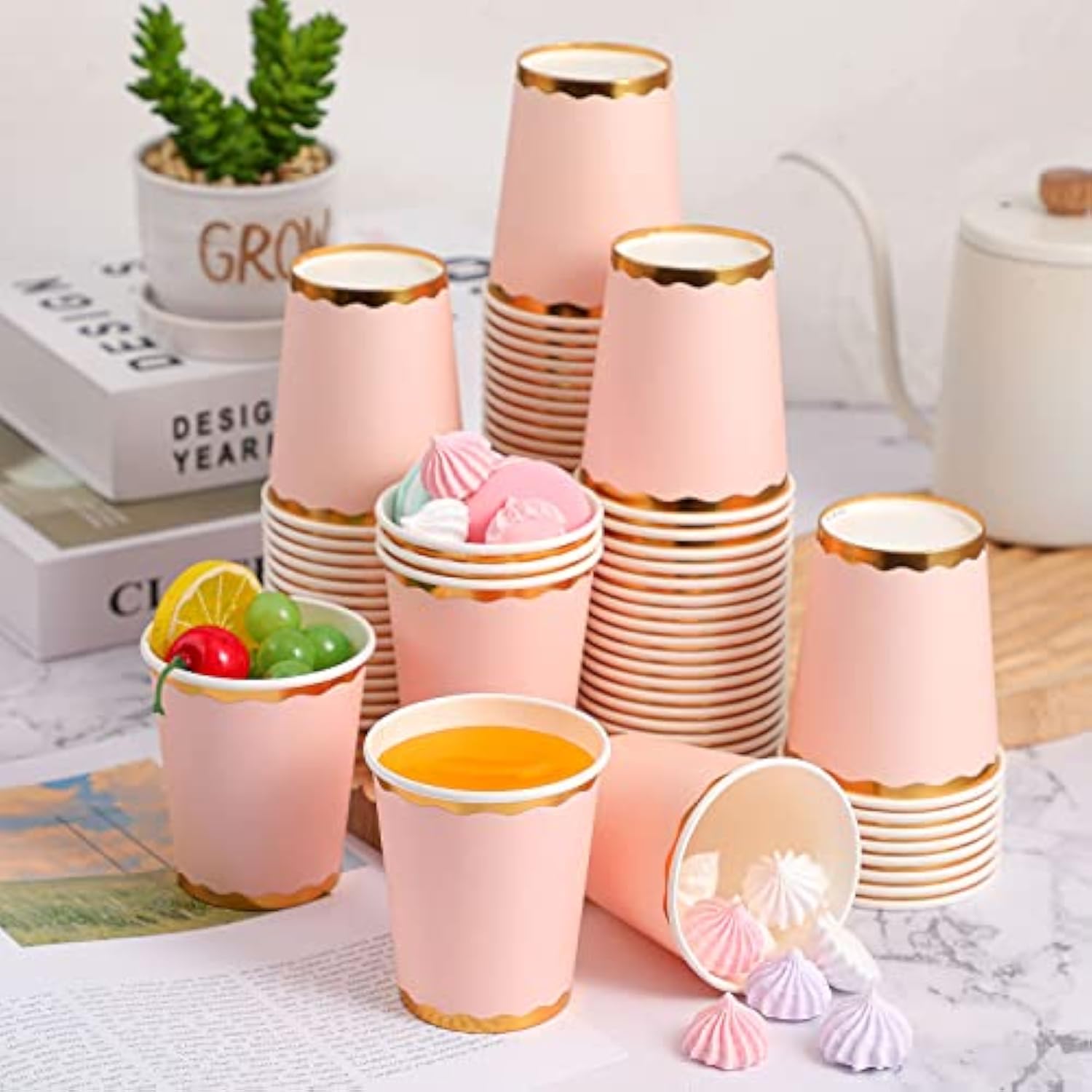 100 Count 9 Oz Light Pink Cups Disposable Coffee Cup Pink Party Paper Tableware For Wedding Holiday Picnic Birthday Party Bridal Favor Coffee Beverage Tea