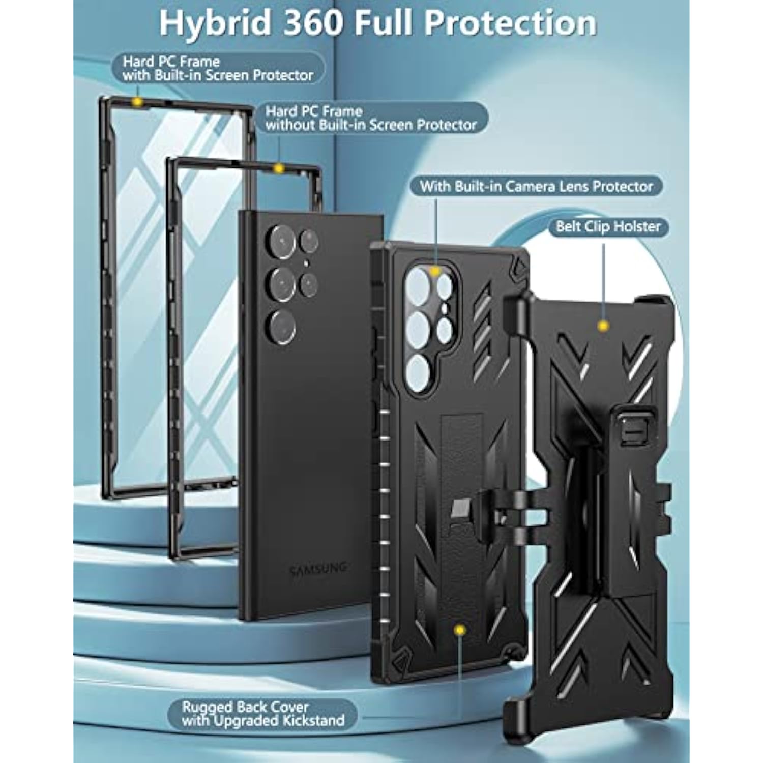 For Samsung Galaxy S22 Ultra Case: Builtin Screen Protector & Kickstand & Beltclip Holster, Fullbody Dual Layer Rugged Heavy Duty Shockproof Protective Phone Coverblack
