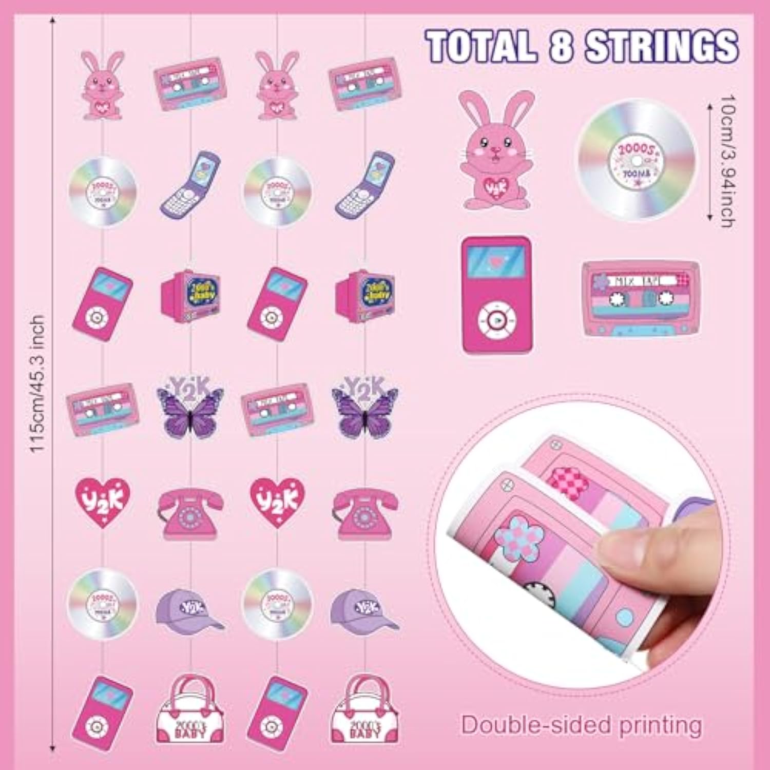 8 Packs Y2K Party Decorations Pink Paper Banner Early 2000S Hanging Decor I Love 00'S Paper Cutout Retro 2000S Garland For Birthday Female Bachelorette Party Supplies Decoration