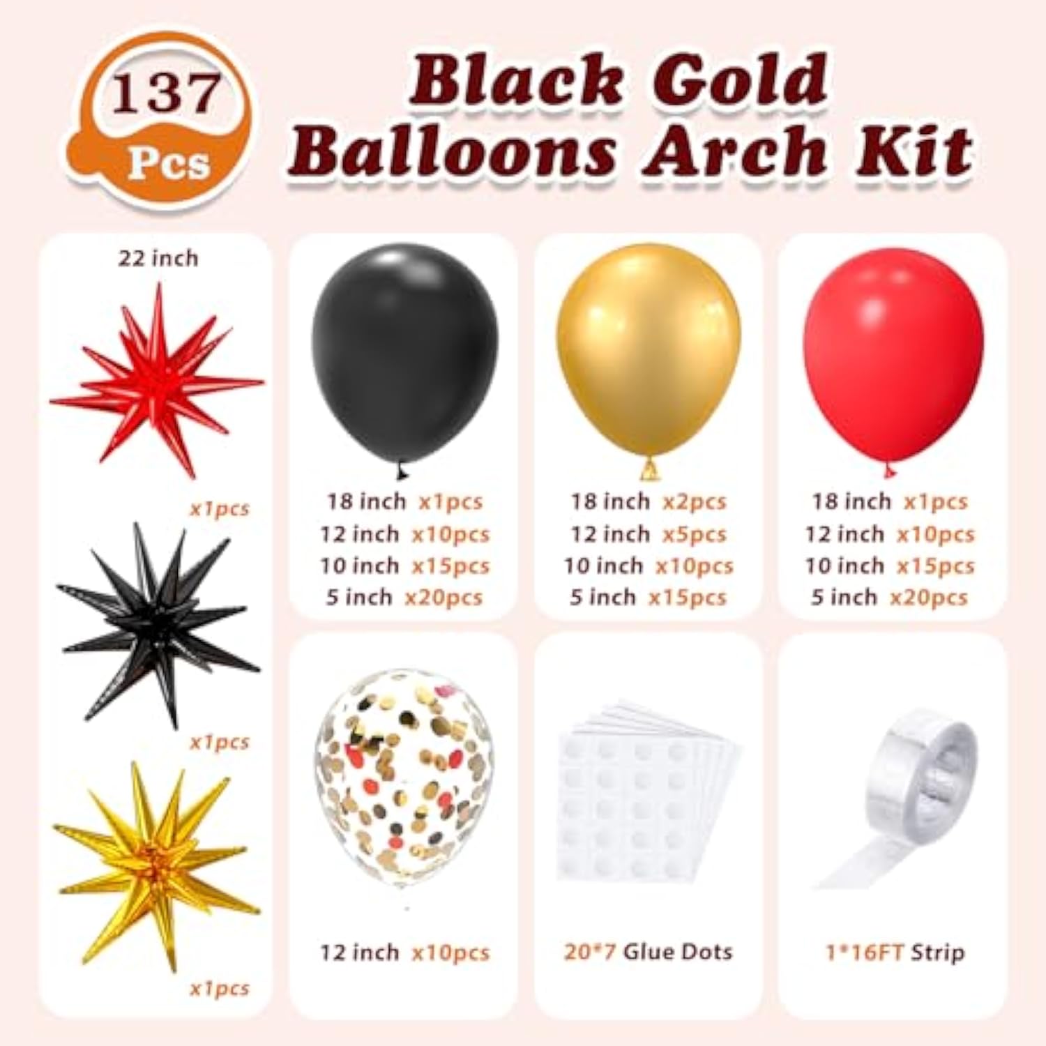 137Pcs Red Black Gold Balloons Garland Arch Kit With Stars - 5 10 12 18 Inch Red Black Gold Confetti Latex Balloons For Graduation Hollywood Casino Theme Party Decorations