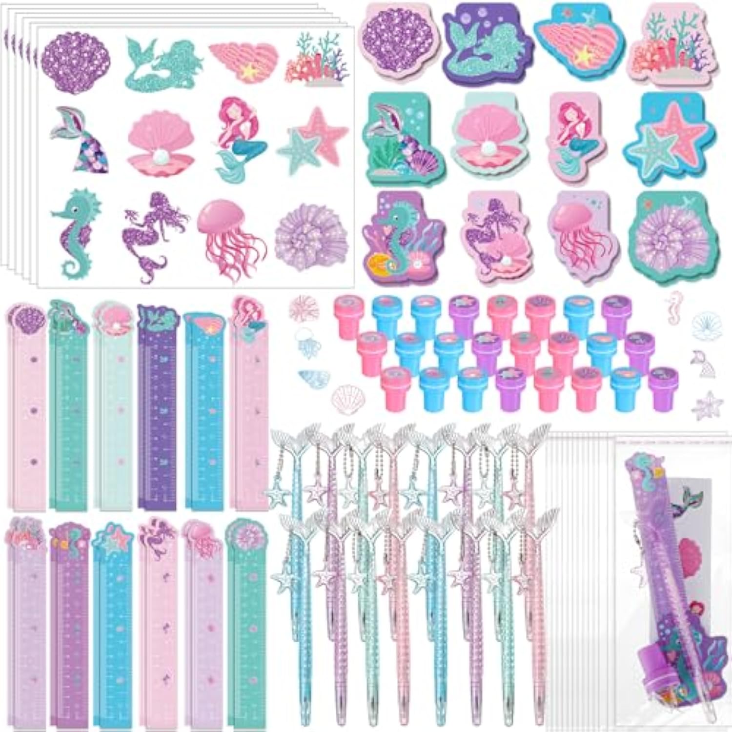 144 Pcs Mermaid Party Favors For Goodie Gift Bags Mermaid Theme Birthday Decorations Include Mini Notebooks Stickers Pens Stamps Goodie Bag Boys Girls Kids Ocean Party Classroom Prize Supplies