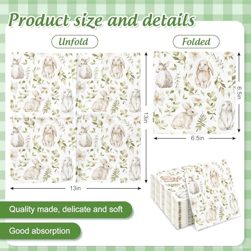 100Pcs Easter Paper Napkins Watercolor Bunny Leaves Disposable Rabbit Luncheon Dinner Napkins for Spring Wedding Birthday Party Table Supplies