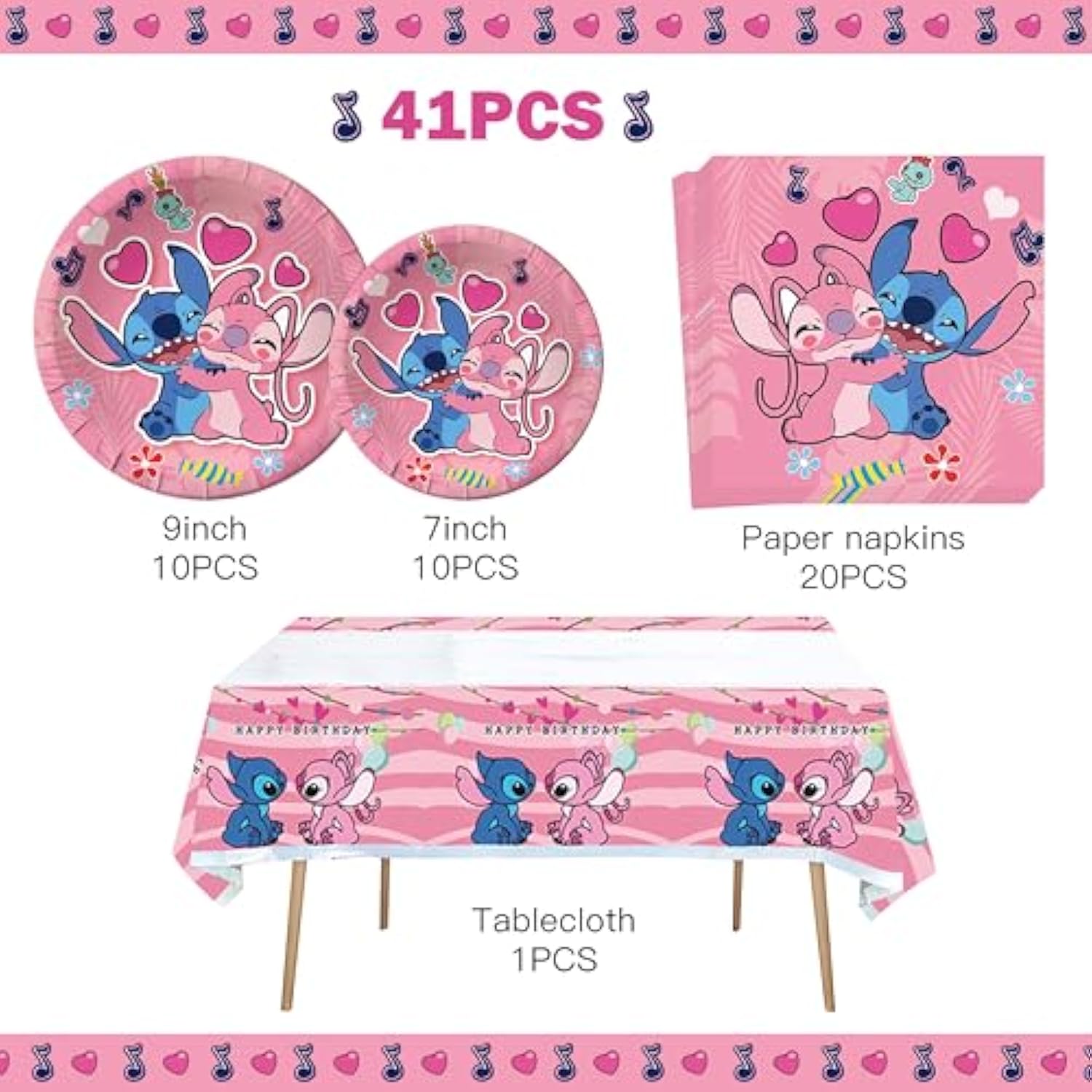 41Pcs Pink Stitch Party Set – 20 Plates, 20 Napkins & 1 Tablecover. Perfect For Stitch-Themed Birthdays! Features Cute Pink Stitch Prints, Durable Plates, And Easy Cleanup. Ideal For Kids’ Parties!