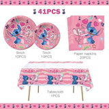 41Pcs Pink Stitch Party Set – 20 Plates, 20 Napkins & 1 Tablecover. Perfect For Stitch-Themed Birthdays! Features Cute Pink Stitch Prints, Durable Plates, And Easy Cleanup. Ideal For Kids’ Parties!
