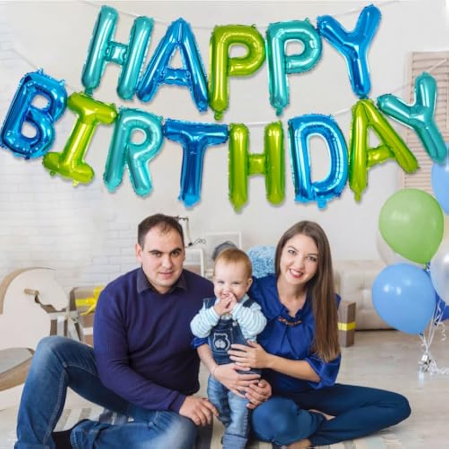 Blue And Green Happy Birthday Balloon Banner, 16 Inch 3D Aluminum Foil Birthday Sign, Teal Happy Birthday Letters For Girls Boys Women Men Birthday Bunting