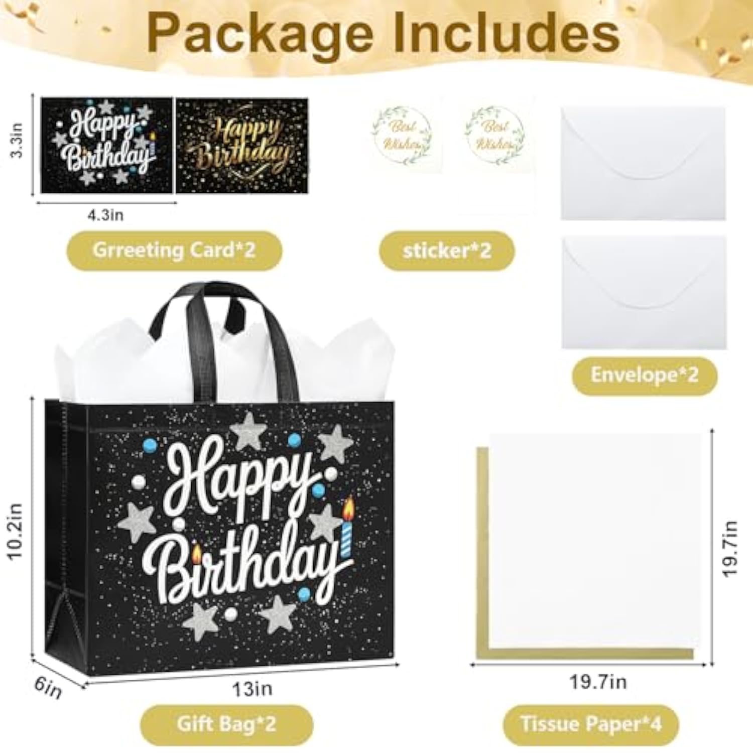 2pk Large 13" Birthday Gift Bags — Reusable Bags with Tissue Paper & Cards