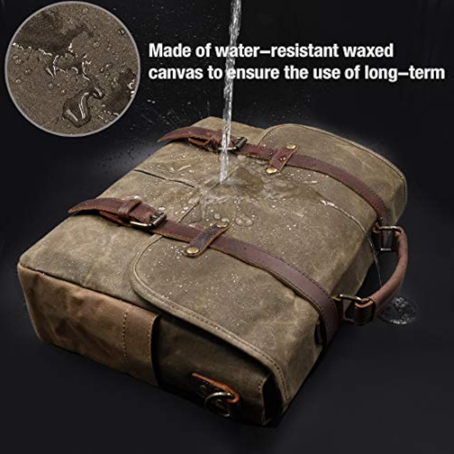 Mens Messenger Bag 15.6 Inch Waterproof Vintage Genuine Leather Waxed Canvas