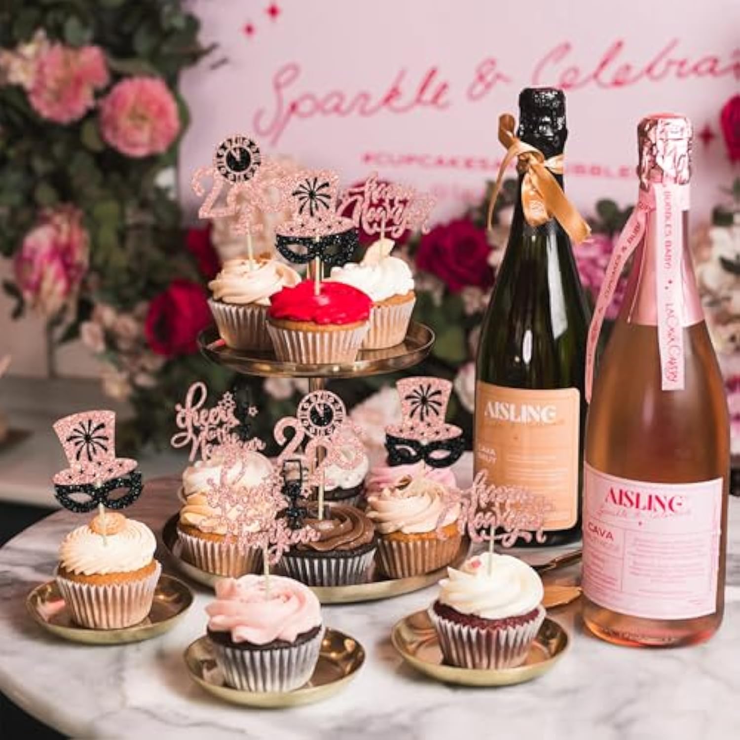 24Pc 2026 Happy New Year Cupcake Toppers Black Rose Gold Party Decor