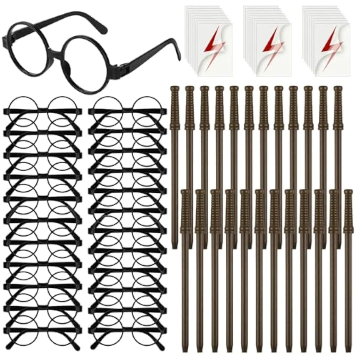 72 Pieces Wizard Party Favors Set 24 Wand Pencils 24 Wizard Glasses With Round Frame No Lenses 24 Lightning Bolt Tattoos For Wizard Theme Party Supplies Birthday School Cosplay Decor, Medium