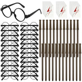 72 Pieces Wizard Party Favors Set 24 Wand Pencils 24 Wizard Glasses With Round Frame No Lenses 24 Lightning Bolt Tattoos For Wizard Theme Party Supplies Birthday School Cosplay Decor, Medium