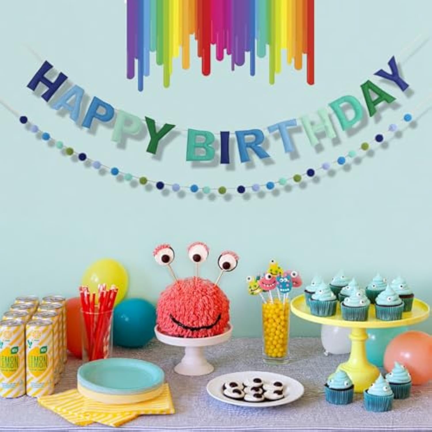 2pcs 3D Felt Happy Birthday Banner Blue Green Reusable Party Decor