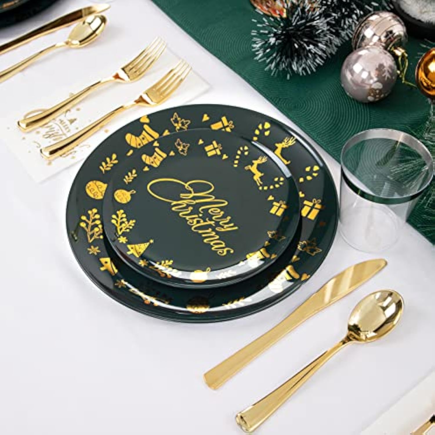 175Pieces Christmas Plastic Plates - Green Plastic Plates And Napkins Include 25Dinner Plate 25Dessert Plate 25Knives 25Forks 25Spoons 25Cups 25Napkins For Christmas