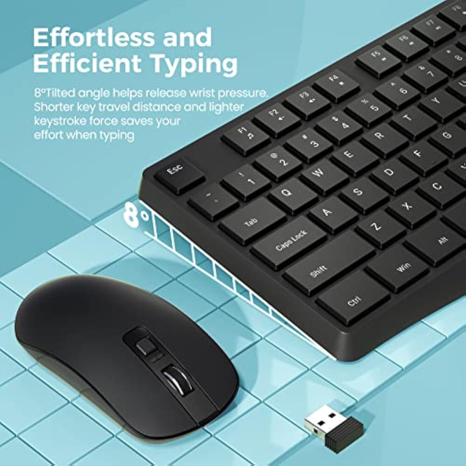 Wireless Keyboard And Mouse Combo, 2.4G Full-Sized Ergonomic Keyboard Mouse, 3 Dpi Adjustable Cordless Usb Keyboard And Mouse, Quiet Click For Computer/Laptop/Windows/Mac (1 Pack, Black)