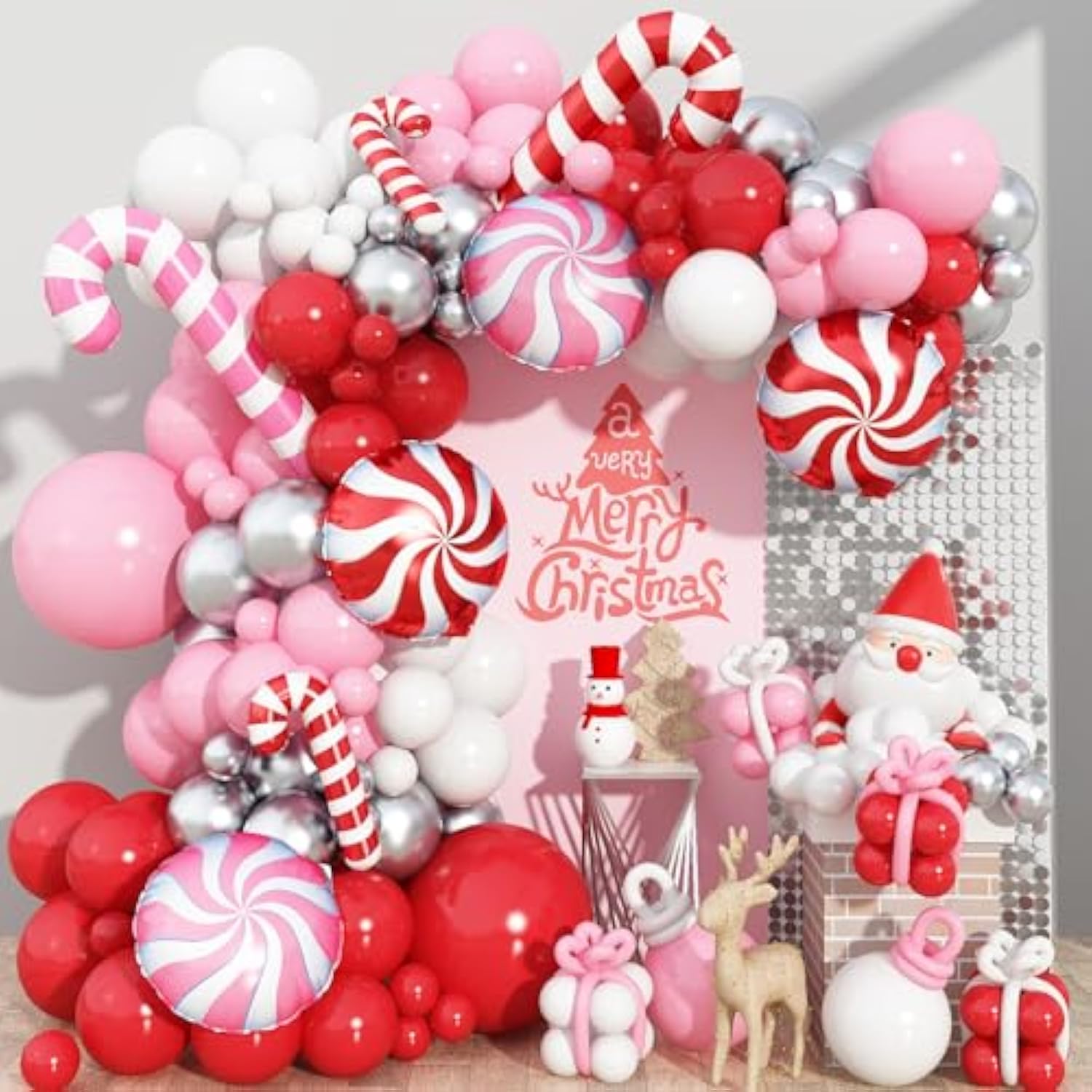 Christmas Balloon Arch 147 Pcs Red Pink White Silver Latex Balloons Garland Kit Pink Red Xmas Candy Cane Foil Balloon For Merry Christmas Birthday Baby Shower Holiday New Year Party Decoration