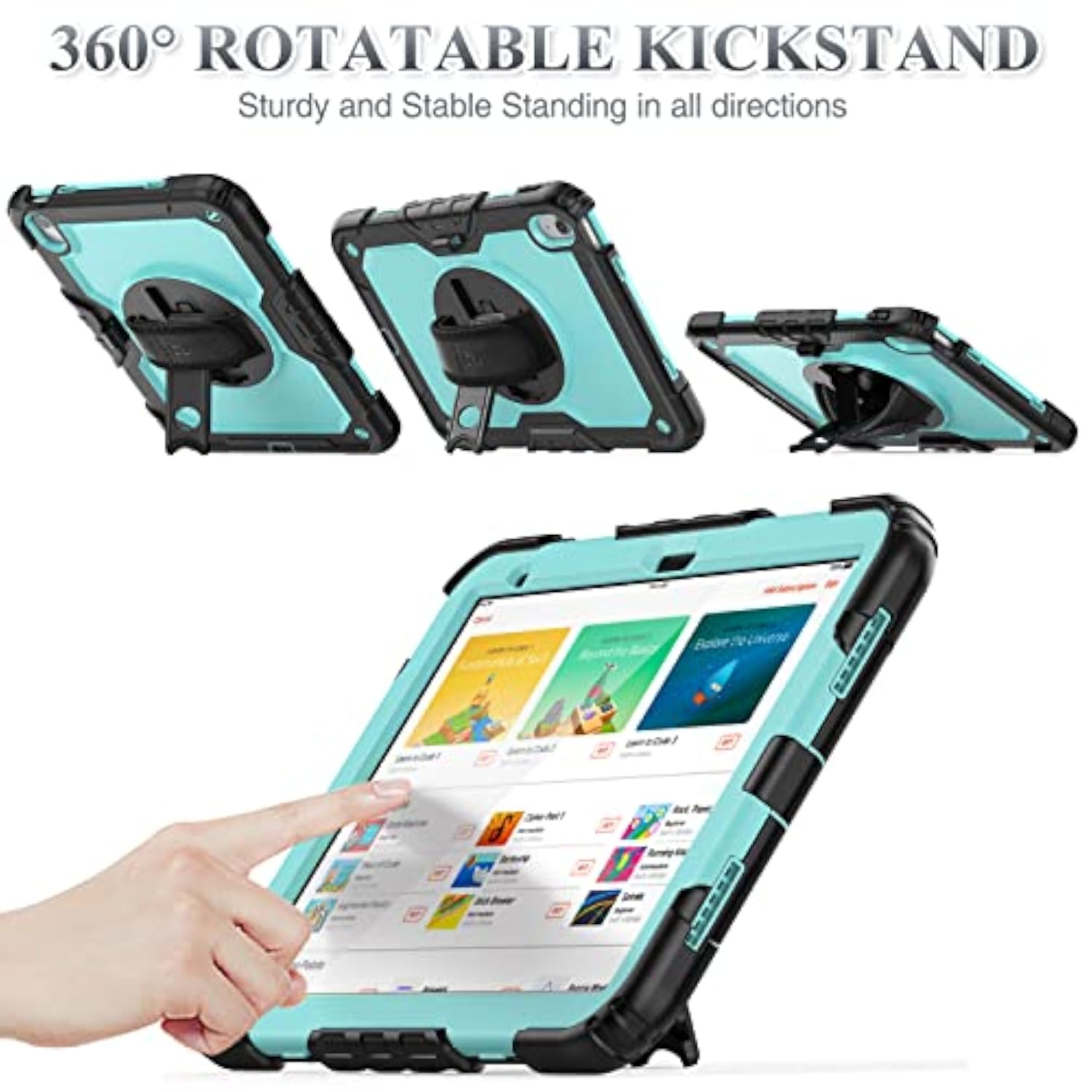 11th/10th Generation iPad (A16) 11''/10.9'' 2025/2022 Full-Body Drop Protection Case with Screen Protector & 360° Rotate Hand Strap/Stand, Brightblue+Black