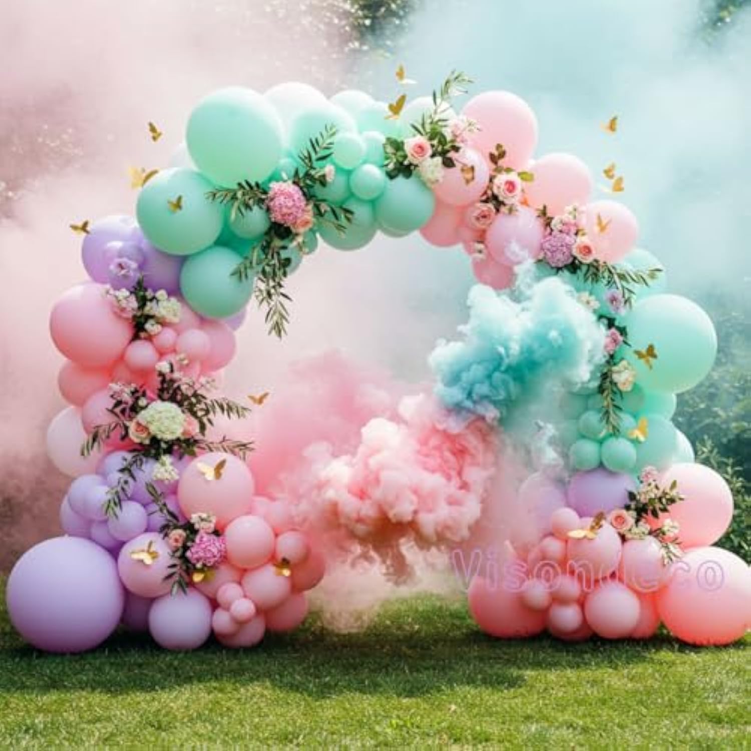 Pink Purple Mint Green Balloon Arch Kit – Double Stuffed Pastel Balloons With Gold Butterflies For Baby Shower, Girl Birthday, Butterfly Theme, Baby In Bloom, Spring Or Garden Party Decor