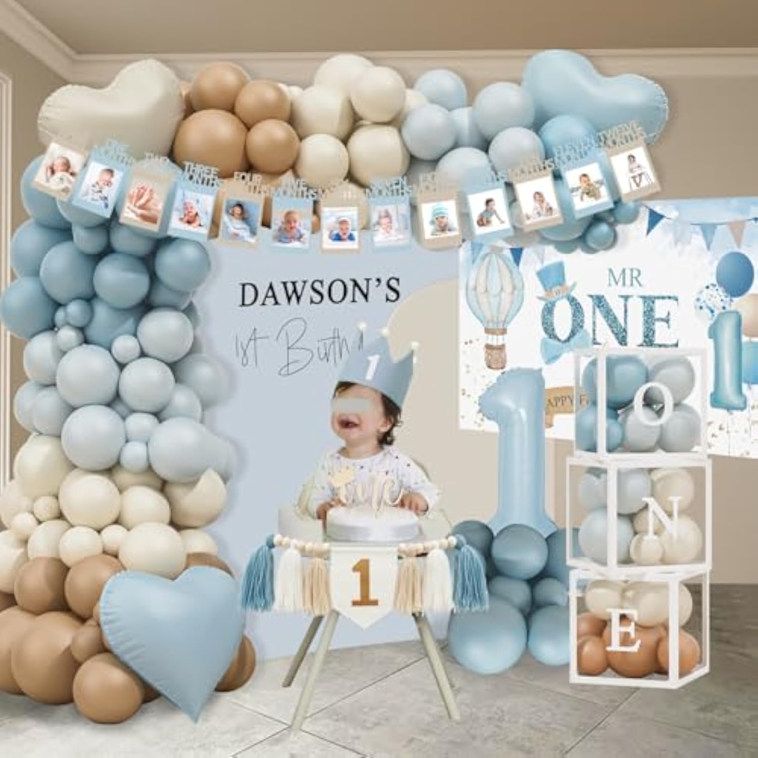 1St Birthday Decorations For Boy, First Birthday Party Supplies, Baby Boy First Birthday Decorations, Balloon Boxes, Backdrop, High Chair Banner, Crown, Photo Banner