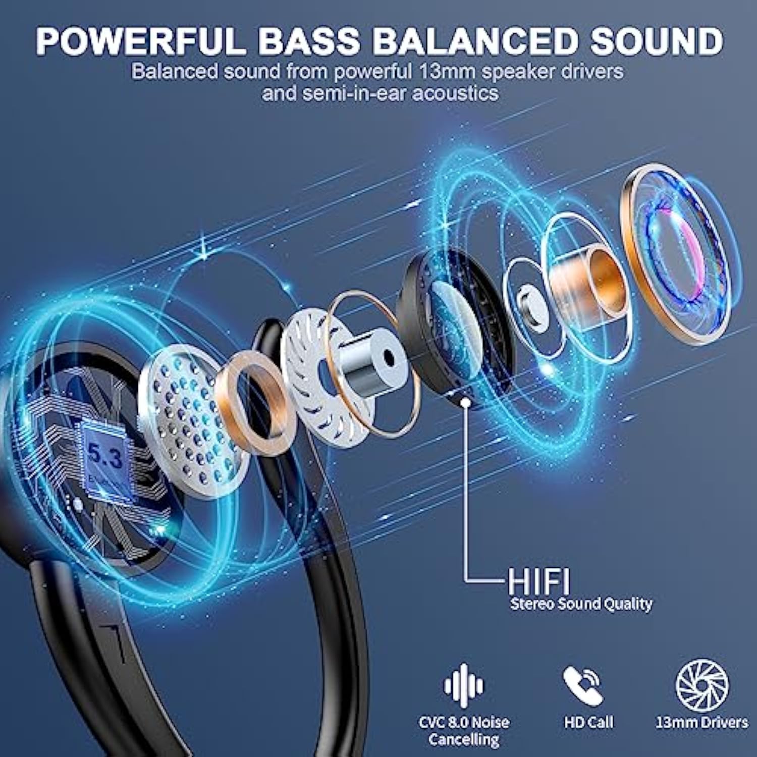 Wireless Earbuds, Bluetooth 5.3 Headphones With Noise Cancelling Mic, Bass Stereo Bluetooth Earphones 50Hrs With Led Display, Ip7 Waterproof Earbuds With Earhooks, Ear Buds For Sports/Workout/Running