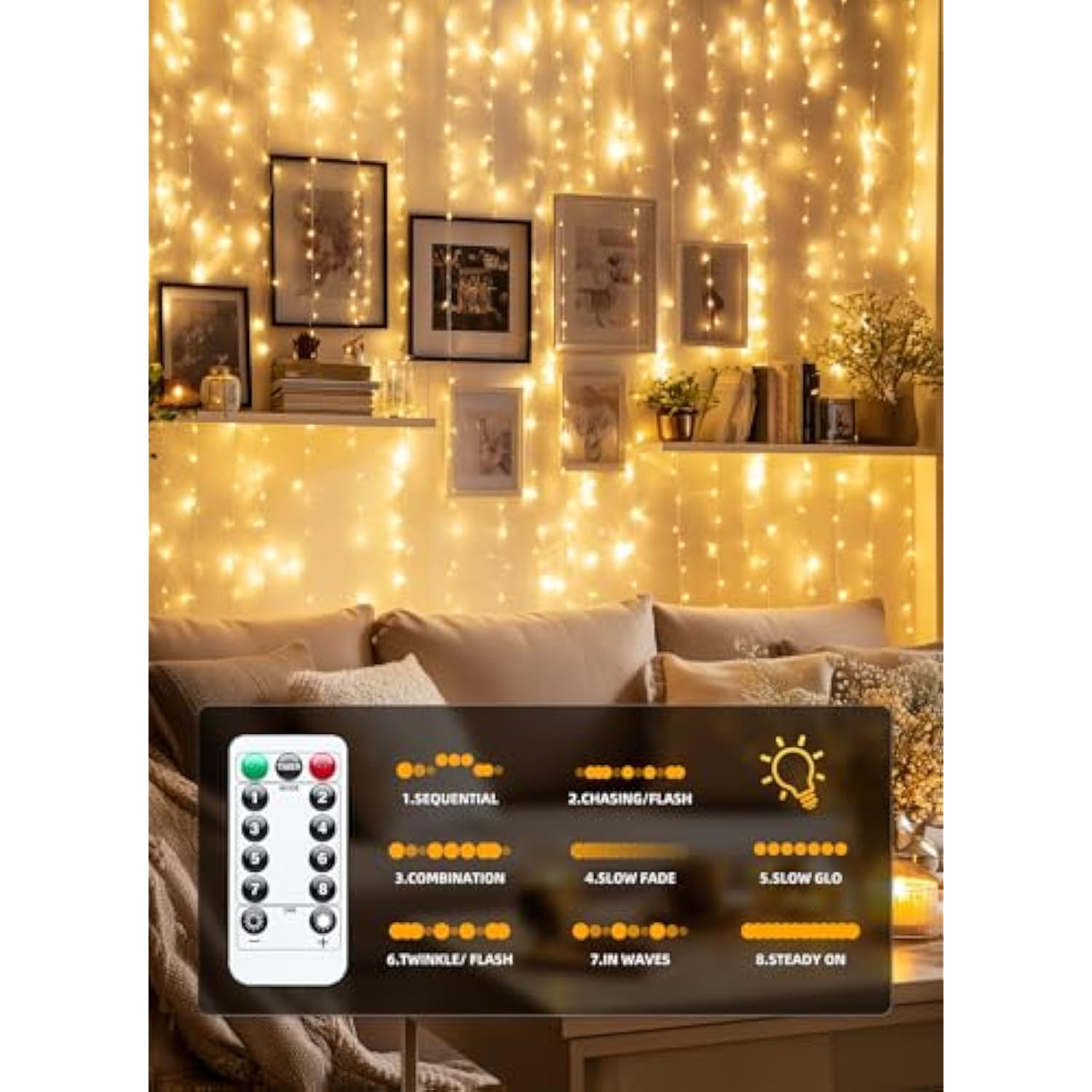 300 Led Fairy Curtain Lights, 9.8Ft X 9.8Ft Warm White Curtain String Lights, Usb Plug In 8 Lighting Modes Christmas Dec