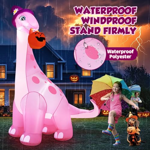 13FT Giant Halloween Inflatables Decorations Outdoor Pink Dinosaur, Huge Halloween Blow Up Yard Decorations Dino with Large Pumpkin Witch Hat Build-in LED Light Strong Blower for Party Lawn