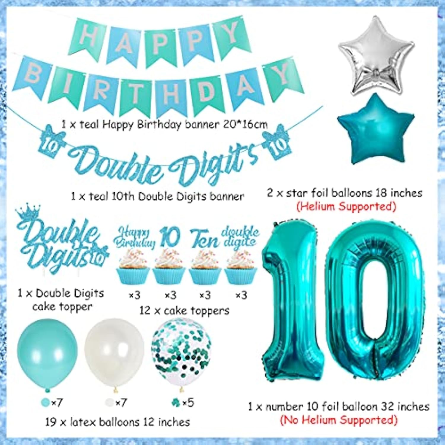 10Th Birthday Decorations For Girls Teal, Double Digits Party Supplies Turquoise Banner Cake & Cupcake Toppers Number 10 Helium Balloon Star Foil Balloon For 10 Year Old Girl Party Decorations
