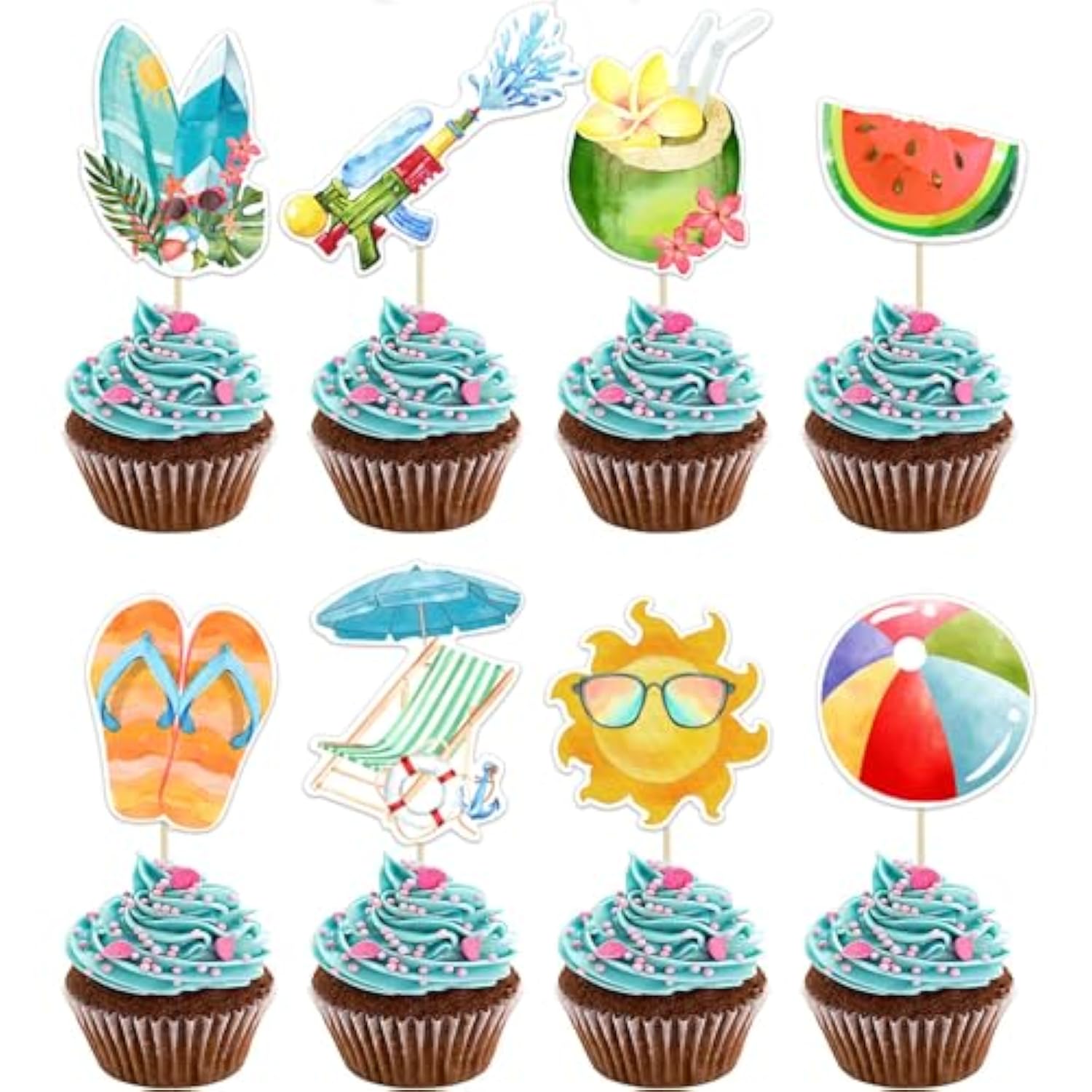 40Pcs Summer Beach Cupcake Toppers Pool Party Hawaiian Theme Cake Picks With Beach Ball Sun Umbrella Coconut Watermelon Water Gun Cake Decorations For Summer Birthday Tropical Luau Party Supplies