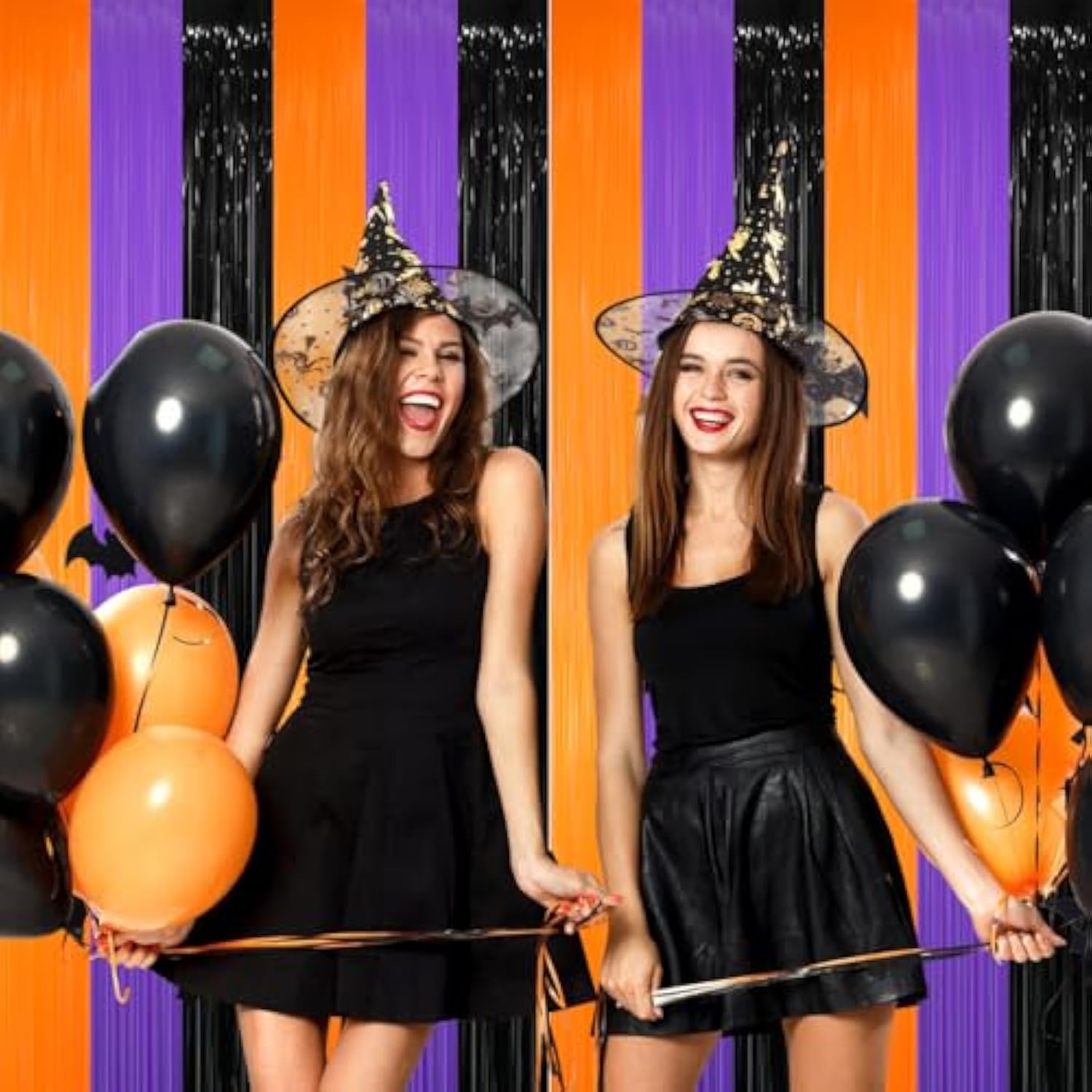 2 Pack Black Orange Purple Foil Fringe Curtains 6.4x8.2ft Backdrop Party Decorations