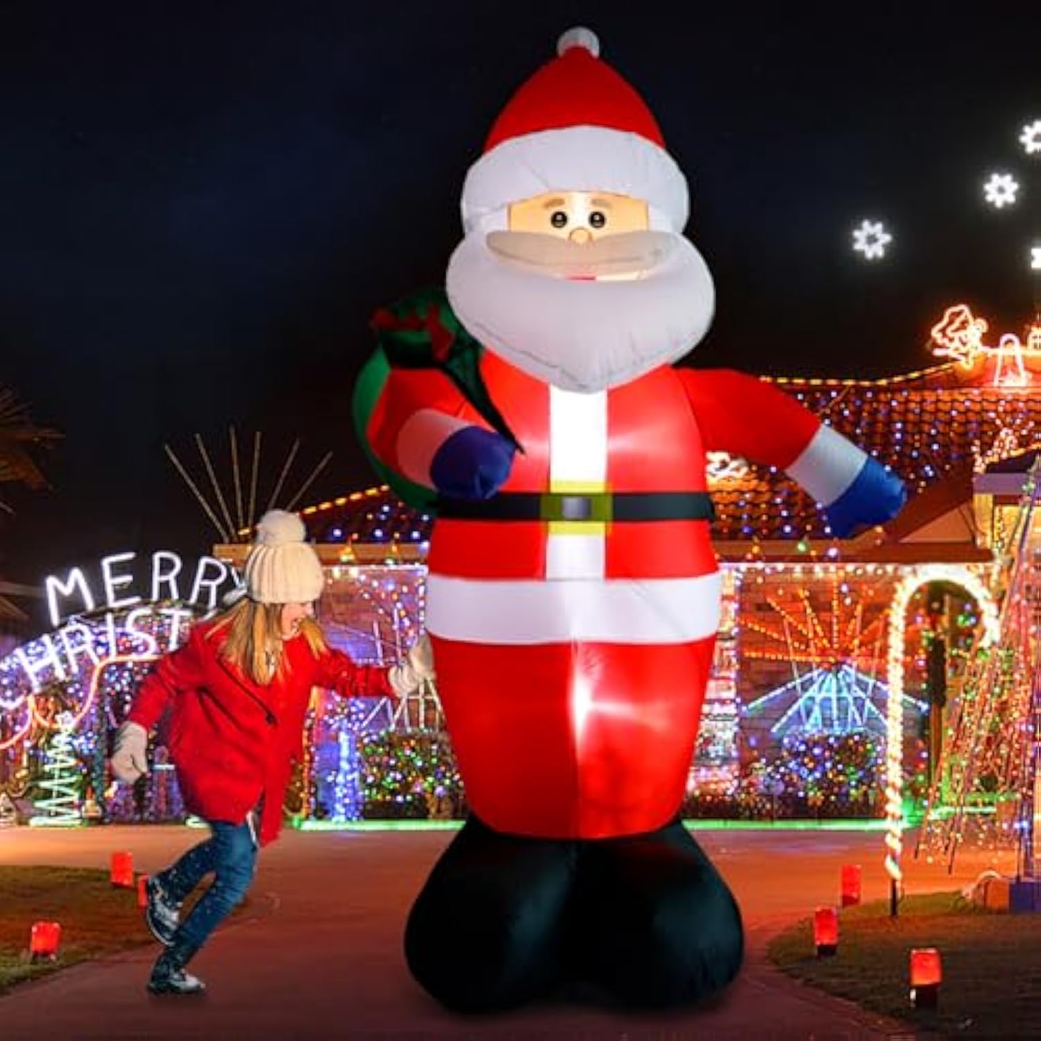 8 Ft Christmas Inflatable Santa Outdoor Decoration With Gift Bag, Giant Santa Carrying Gift Bag With Built-In Led Lights
