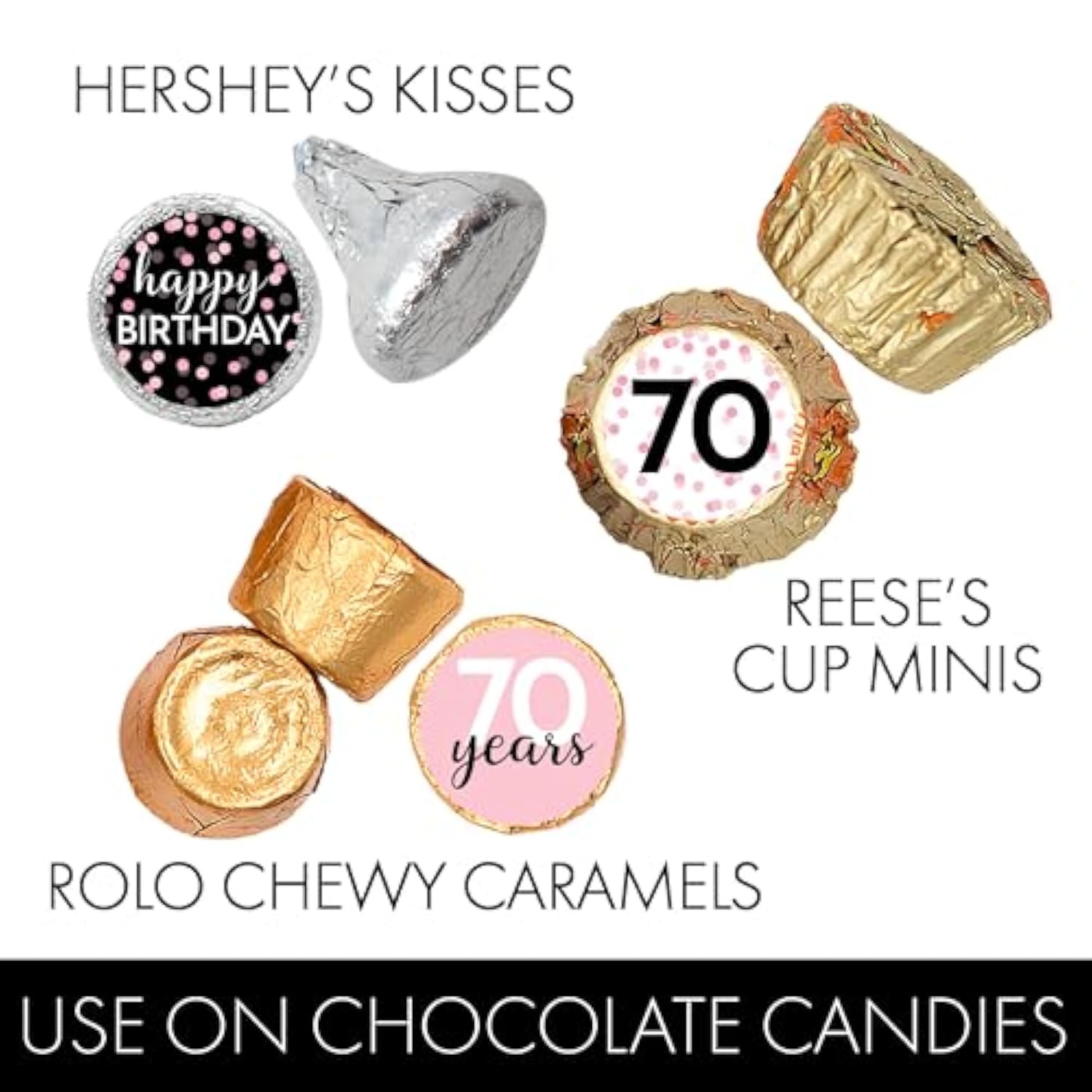 Pink, Black, And White 70Th Birthday Party Favor Stickers, Chocolate Kisses Candy Stickers - 180 Count - 70Th Birthday Decorations