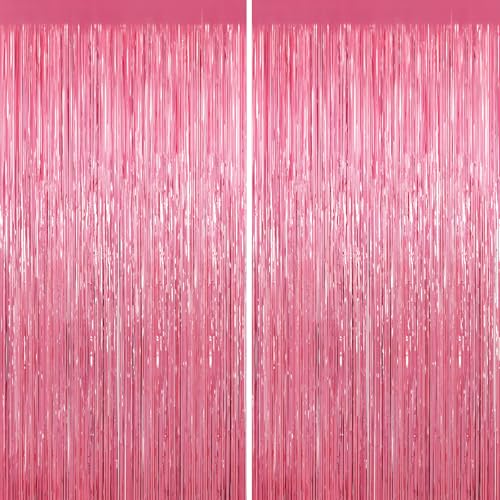 Pink Tinsel Backdrop, 2 Pack Foil Fringe Curtains for Party Decor