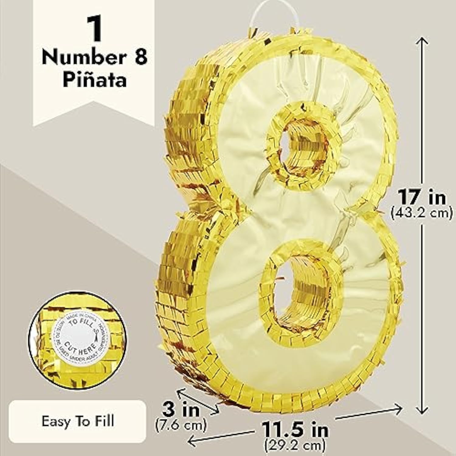 Gold Foil Number 8 Piñata: 8th Birthday Party Decoration (17"x11"x3")