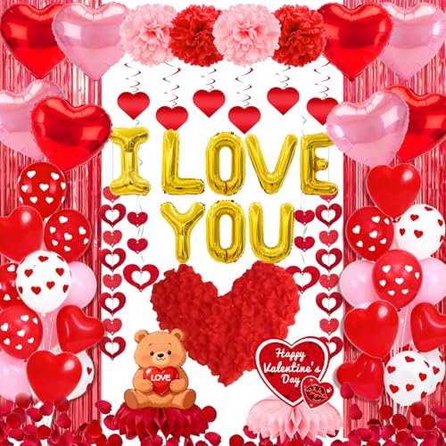 Valentines Day Decor Kit, Happy Anniversary Decorations with I Love You Balloons 1000Pcs Silk Red Rose Petals Romantic Heart Balloon for Wedding Anniversary Valentines Day Decorations