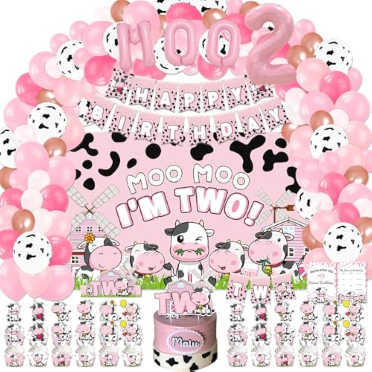 Cow Birthday Party Supplies For 2 Year Old Girl, 166 Pcs Moo Moo Im Two Pink Cow Print Party Decorations For Girls Baby - Backdrop, Cupcakes Wrappers, Balloons, Banner, Crown, Poster