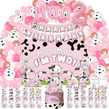 Cow Birthday Party Supplies For 2 Year Old Girl, 166 Pcs Moo Moo Im Two Pink Cow Print Party Decorations For Girls Baby - Backdrop, Cupcakes Wrappers, Balloons, Banner, Crown, Poster