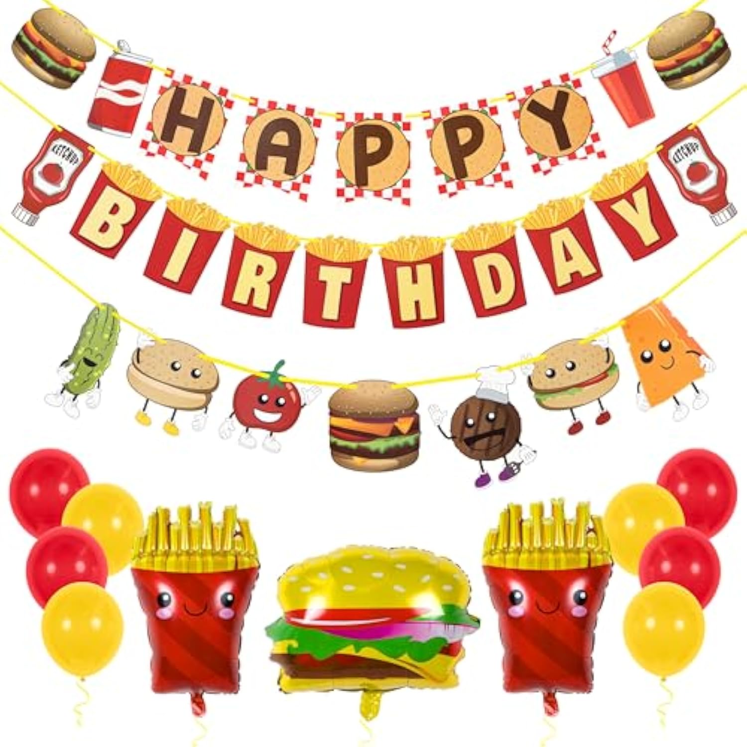Burger Birthday Party Kit – Happy Birthday Banner & Burger Fries Balloons