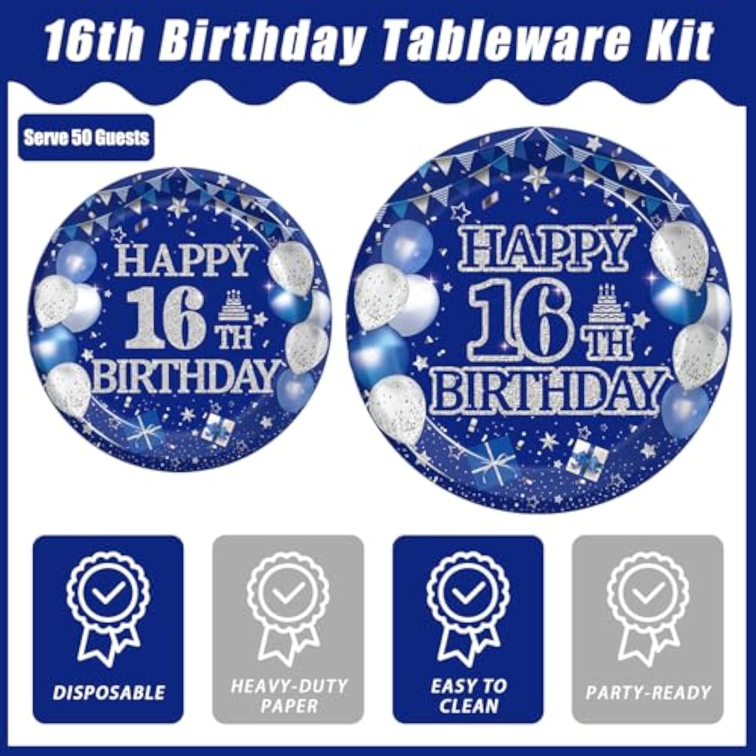200Pcs 16Th Birthday Party Tableware Set, Blue And Silver Happy 16Th Birthday Party Decorations Supplies For Boys Girls 16 Years Old Party Dessert Plates Napkins Forks Favors, Serve 50