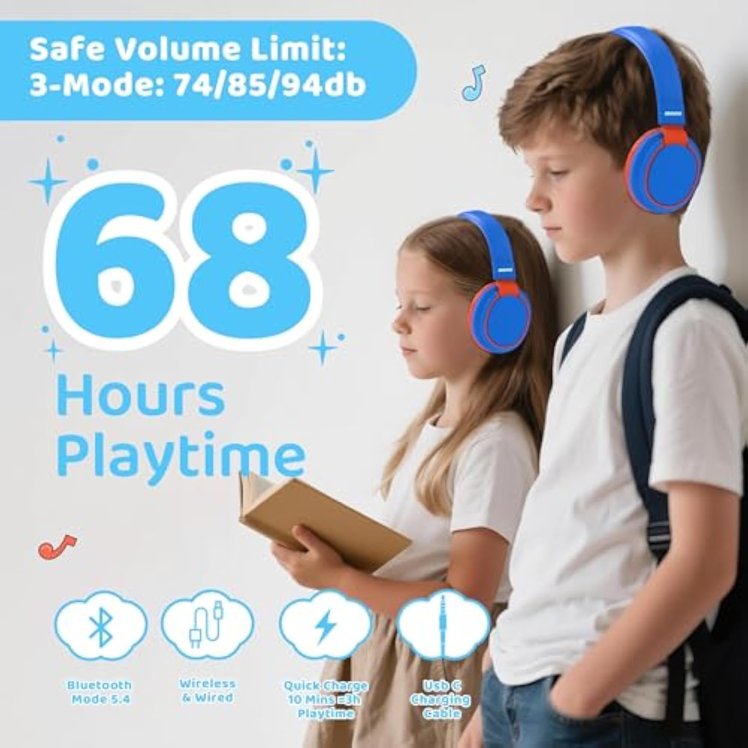 Kids Headphones Bluetooth 5.3 Wireless 60H Play Time Volume Limited 85/110Db Over Ear Foldable Protection Headset/Wired Aux Builtin Mic For Boy Girl Travel School Pad Tablet Blue