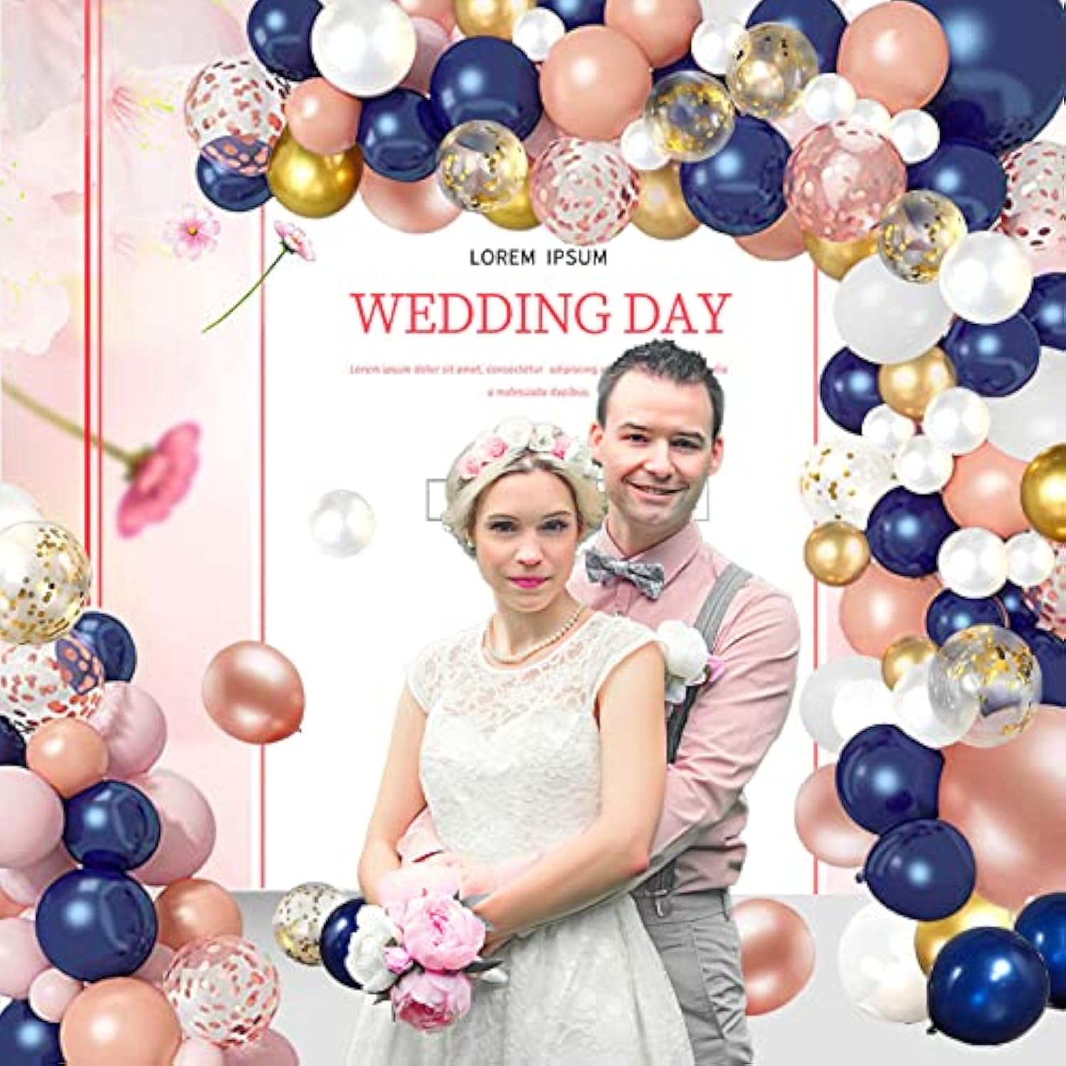 68pcs Navy Blue & Rose Gold Confetti Balloons with Ribbon for Parties Showers