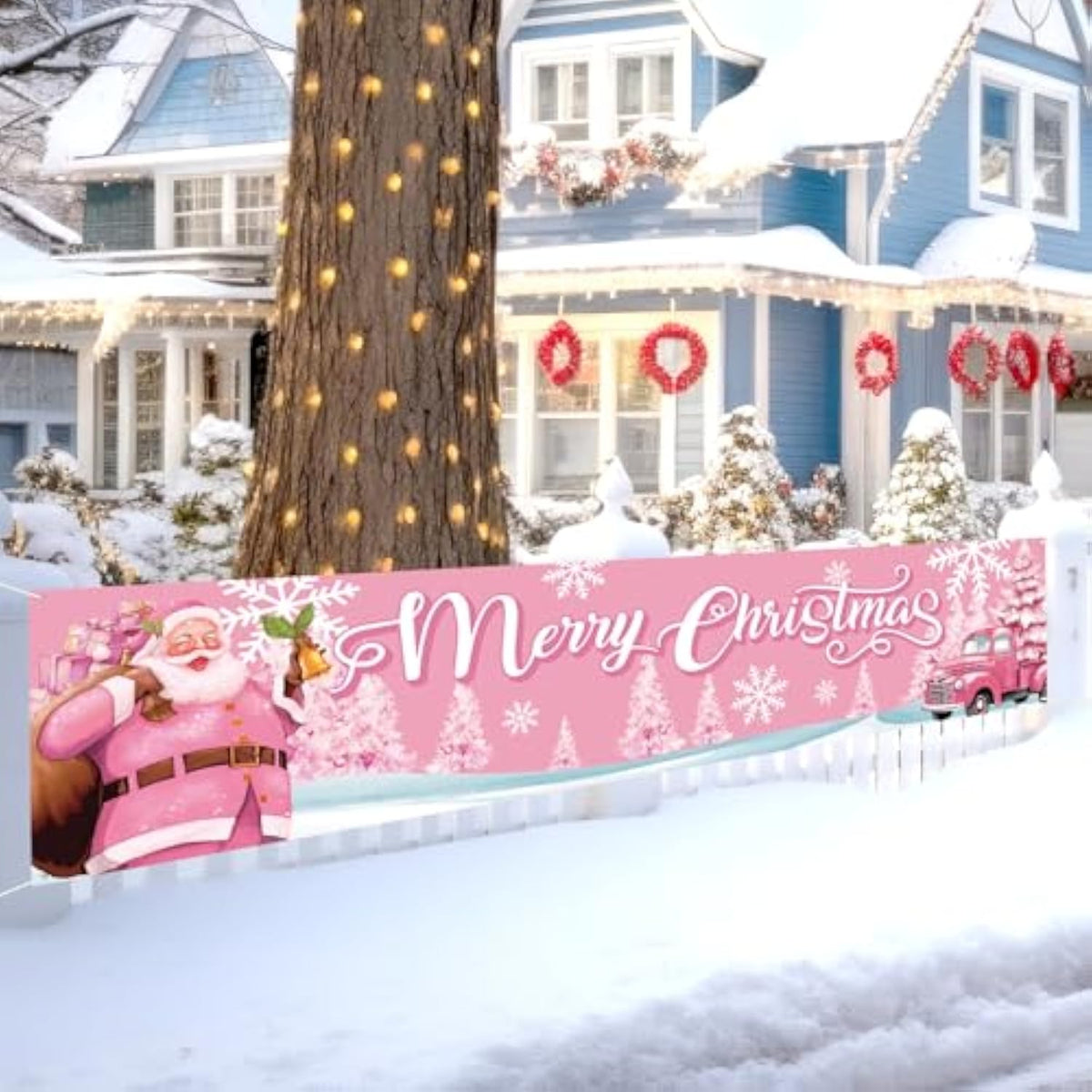 Pink Christmas Banner Merry Christmas Banners Decoration For Outside Santa Claus Fence Banner Large Yard Sign Hanging Banner Xmas Tree Snowflake Garden Backdrop For Winter Holiday Party Supplies