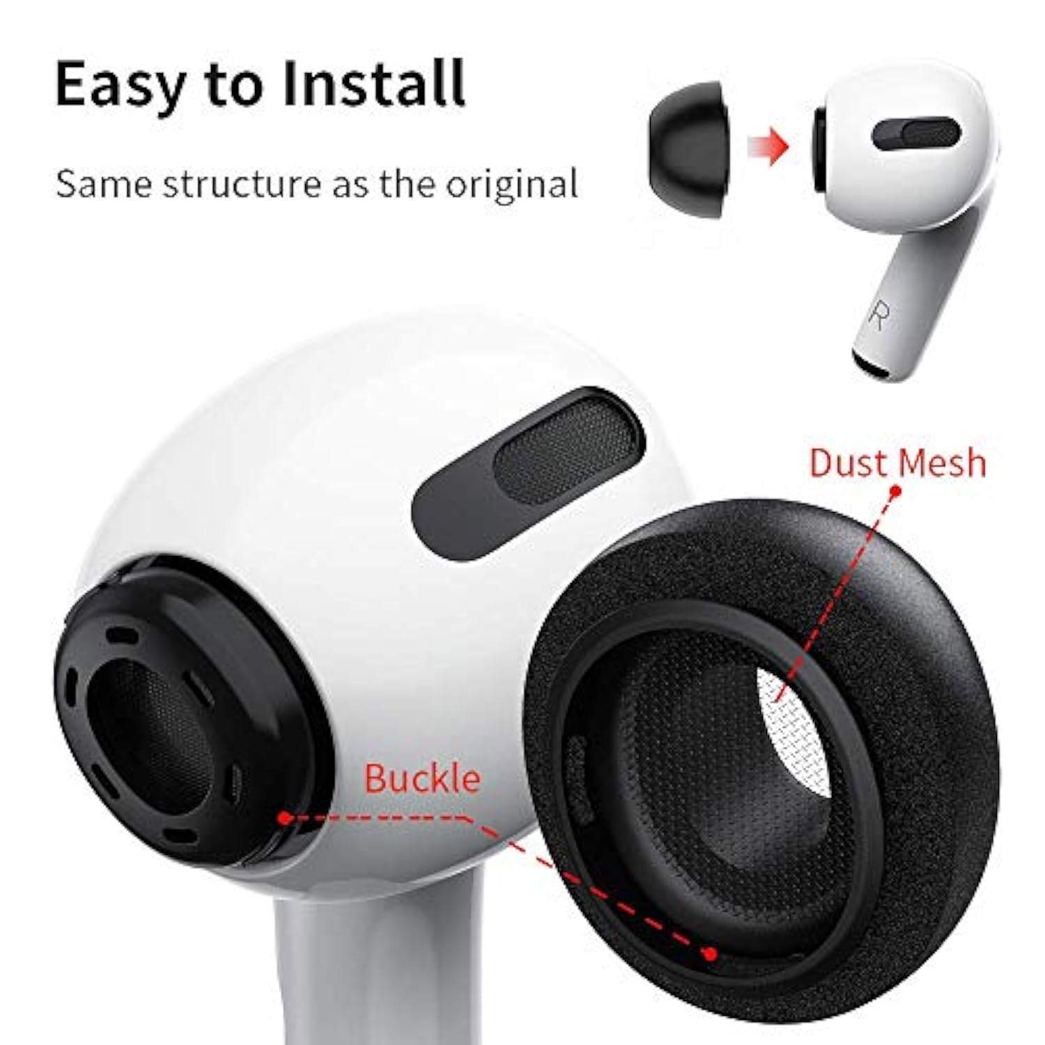 Premium Memory Foam Tips For Airpods Pro. No Silicone Eartips Pain. Anti-Slip Eartips. Fit In The Charging Case, 3 Pairs (S/M/L, Black)