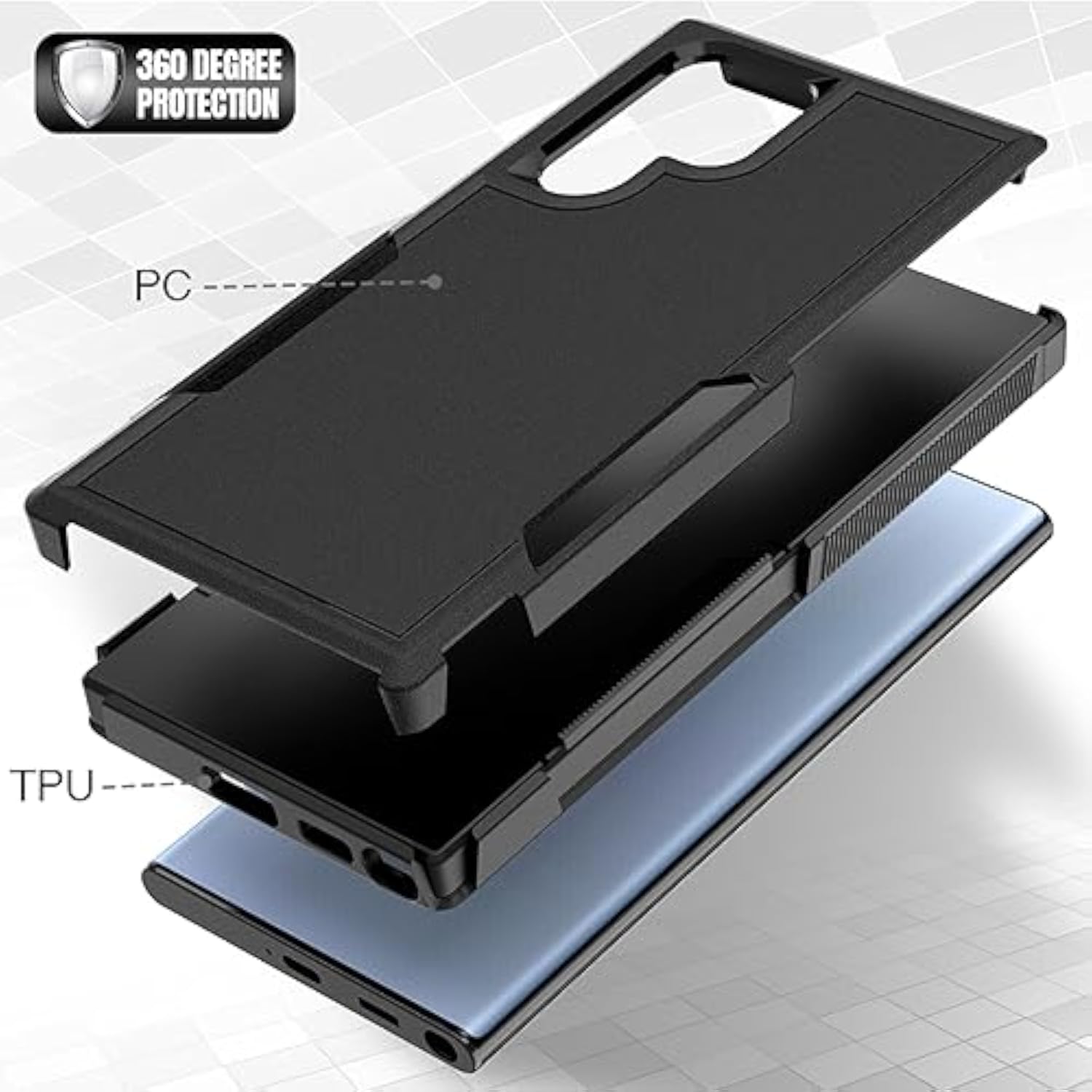 Dual Layer Protective Heavy Duty Cell Phone Cover for Samsung Galaxy S22 Ultra 5G - Military Grade Protection Bumper with Screen Protector - Black