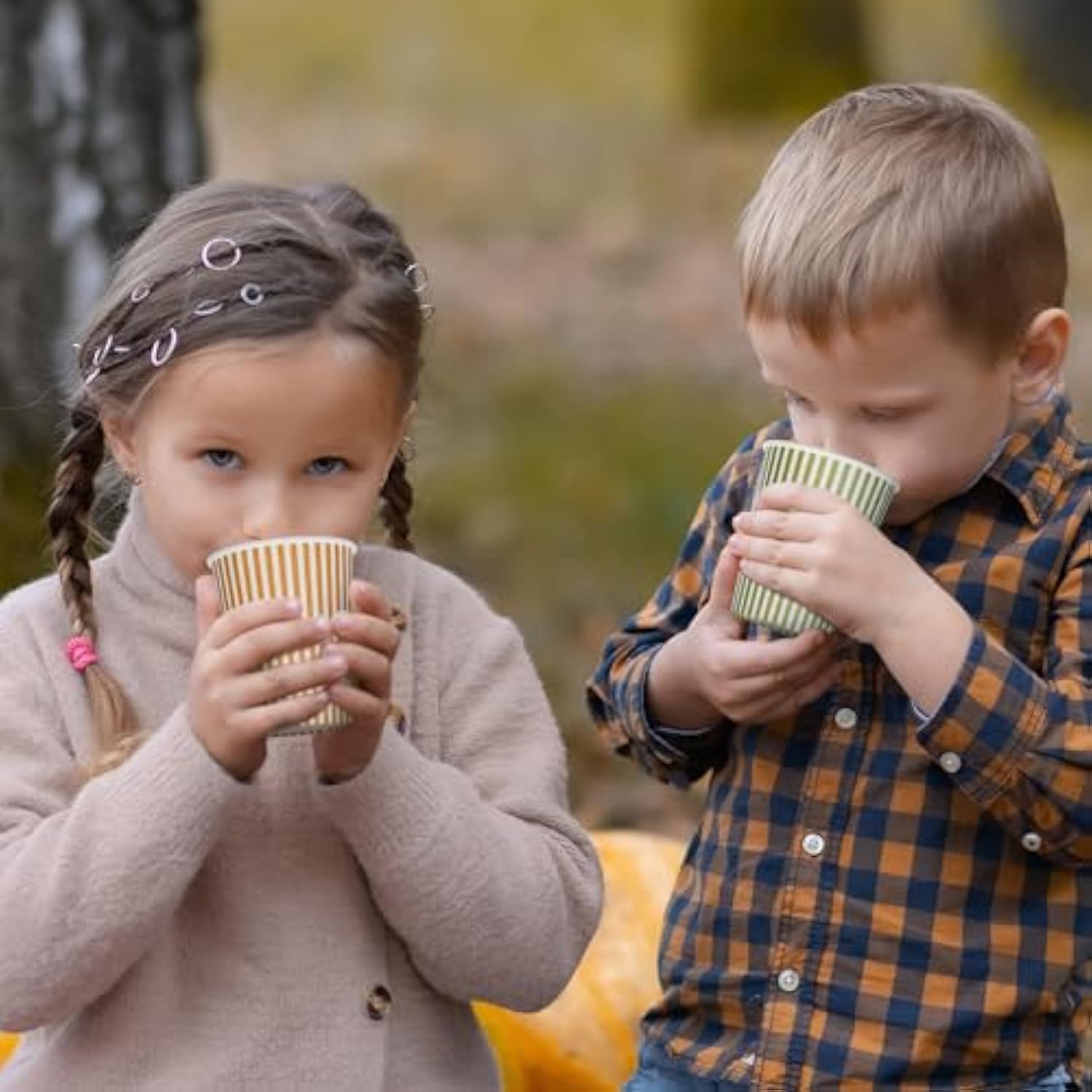 Sage Green Orange Striped Paper Cups Pastel Fall Themed Party Cup Forest Friends Autumn Kids Birthday Tableware Fall Woodland Birthday Party Supplies - Pack Of 50