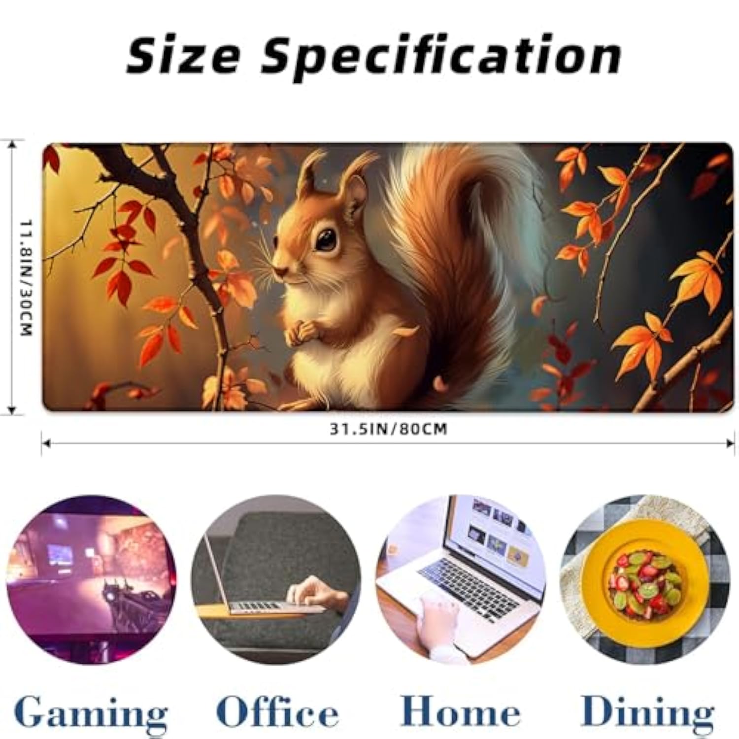 Cute Squirrel Gaming Mouse Pad, Autumn Leaf Mousepads For Gaming Home Office Work, Extended Mats Computer Keyboard Laptop, 31.5×11.8 Inch Large Desk Mat With Non-Slip Rubber Base