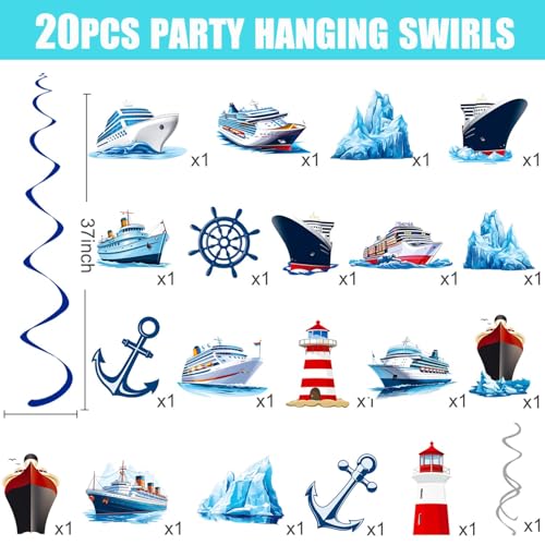 Nautical Party Hanging Swirls 20Pcs Cruise Ship Birthday Hanging Decorations Ocean Ship Theme Ceiling Streamers Nautical Sailing Party Decorations for Anchor Lighthouse Birthday Baby Shower Supplies