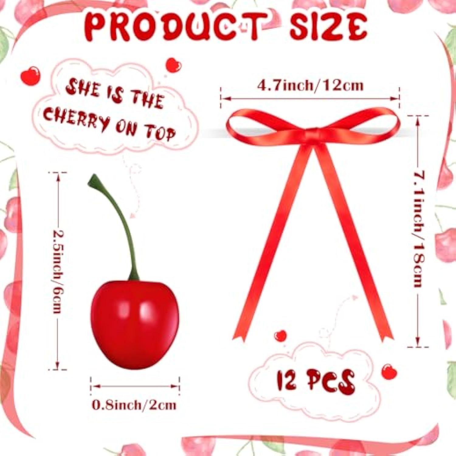 24 Pcs Cherry Cake Decorations And Bow Cake Toppers Artificial Fake Cherries Fruit Decor For Birthday Party Decorations Summer Bridal Wedding Party Supplies(Red)