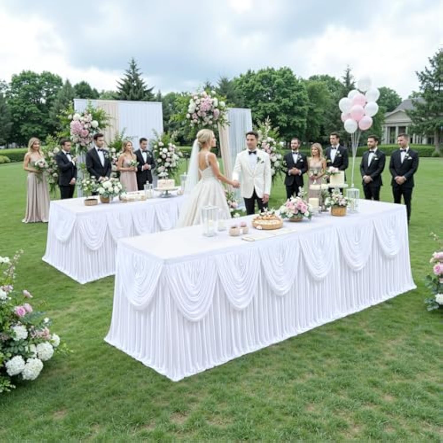 White Tutu Table Skirts For Rectangle Tables 6Ft Draped Pleated Table Skirt Polyester Tablecloth For Birthday Party Banquet Wedding Baby Shower