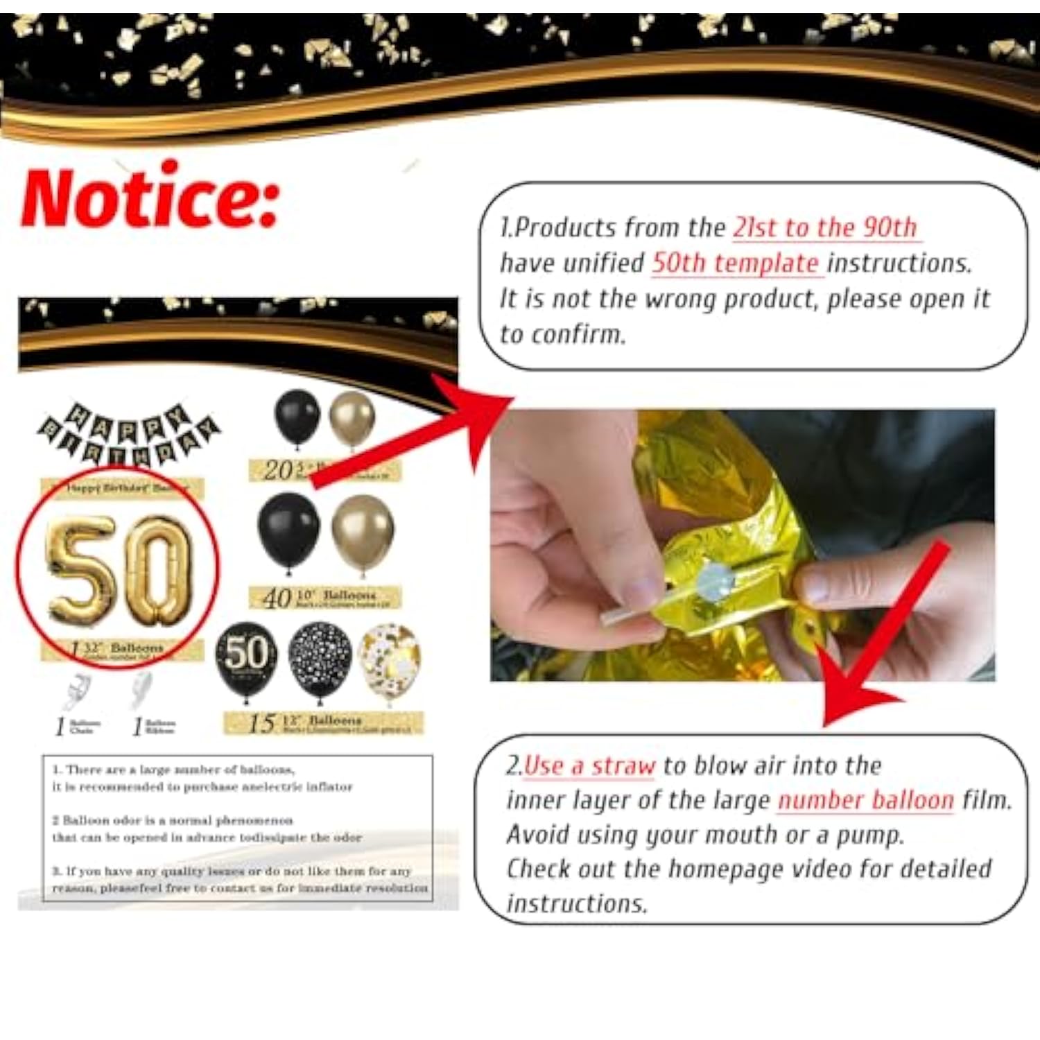 40th Birthday Decoration Set: Black & Gold Balloons, "Happy Birthday" Banner